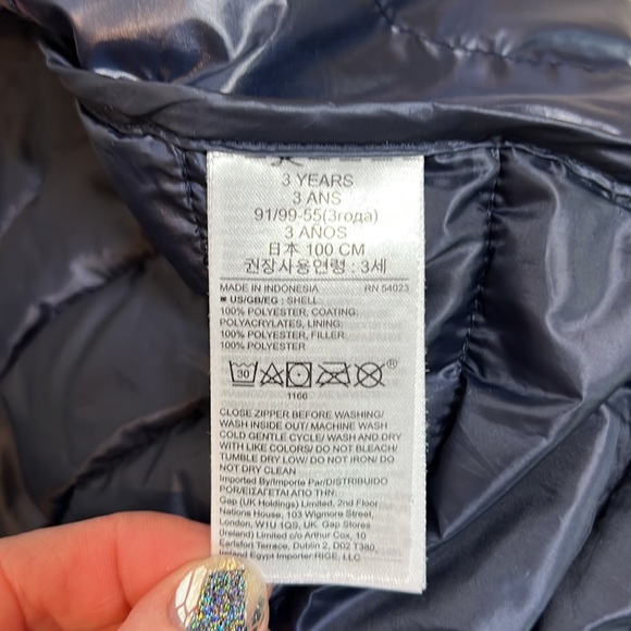 Baby Gap Lightweight Upcycled Puffer Jacket Blue with Foil Rainbow Hearts - Picture 7 of 9